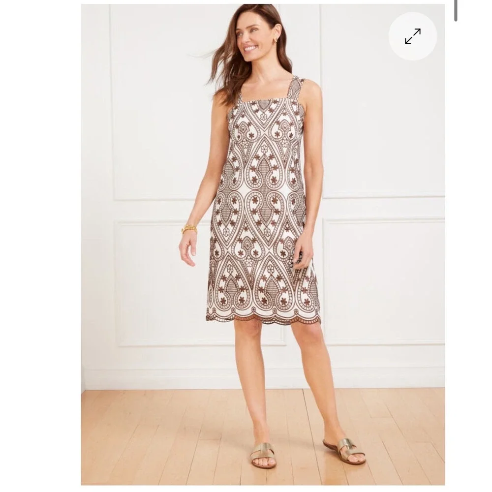 Talbots Petite Brown White Embroidered Eyelet Shift Dress Square Neck 12P